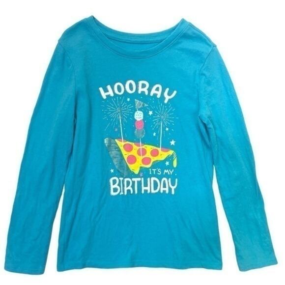 Cat & Jack Hooray It’s My Birthday Graphic T-shirt teal Y2K long sleeve Size 6 - Picture 1 of 6